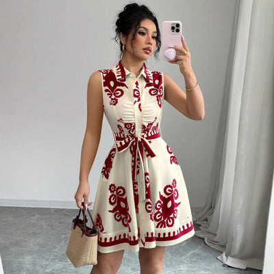 Damen Hemdblusenkleid mit grafischem Muster und Taillengürtel Fudus