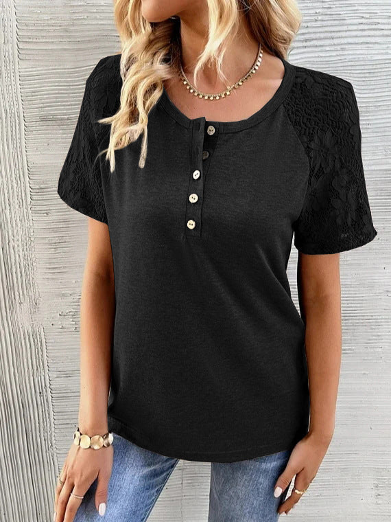 Damen T-Shirt mit Spitzenärmel und Knopfdetail Fudus