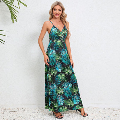 Damen Maxikleid mit zartem V-Ausschnitt und buntem Pflanzenmuster Fudus