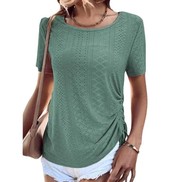 Damen Kurzarm-Strickoberteil mit dekorativem Netzdesign und Raffung Fudus