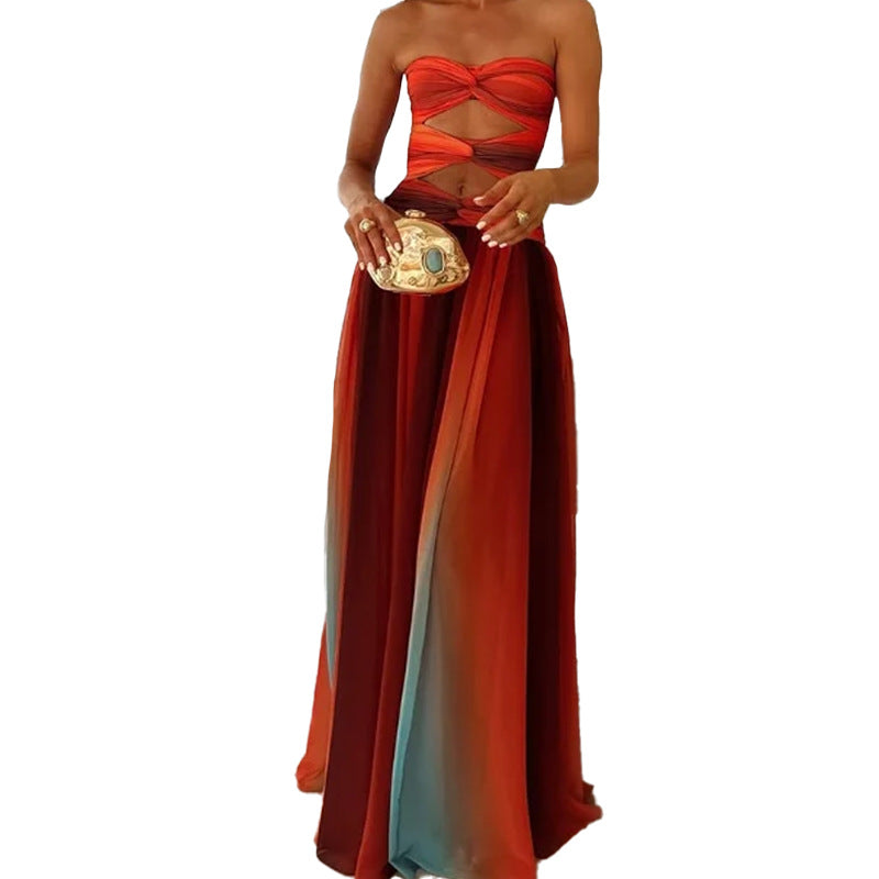 Damen Boho-Chic Maxikleid mit kreativen Cut-Outs und fließendem Rock Fudus