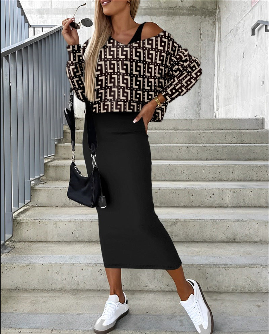 Damen lässiger Pullover mit asymmetrischem Schnitt und eleganter Karo-Midirock Fudus