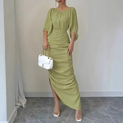 Damen Elegantes und figurbetontes Maxikleid mit Puffärmeln Fudus