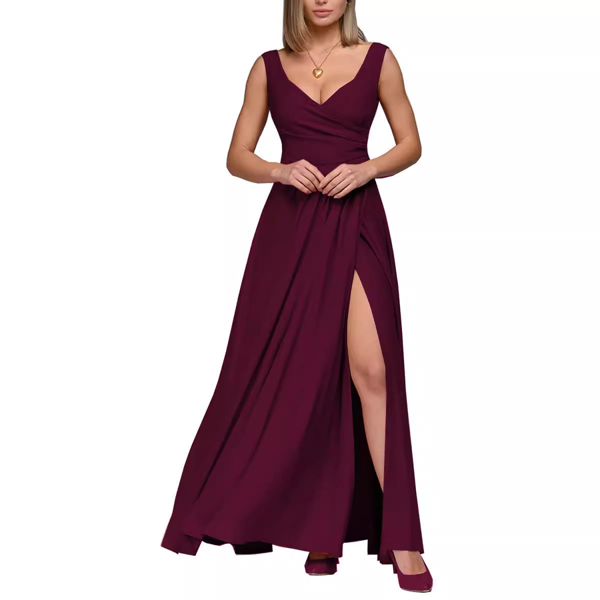 Damen Elegantes Maxikleid mit seitlichem Schlitz und raffiniertem V-Ausschnitt Fudus