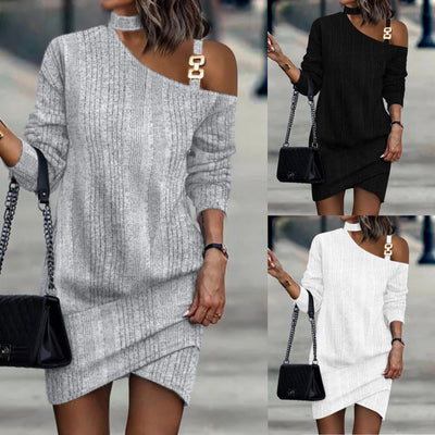 Damen Strickkleid mit asymmetrischem Ausschnitt und dekorativem Schulterdetail Fudus