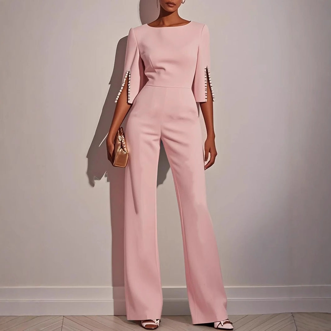 Damen Eleganter Jumpsuit mit dekorativen Perlenärmeln und weiter Hose Fudus