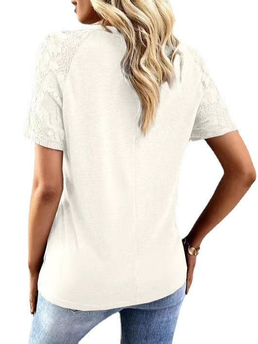 Damen T-Shirt mit Spitzenärmel und Knopfdetail Fudus