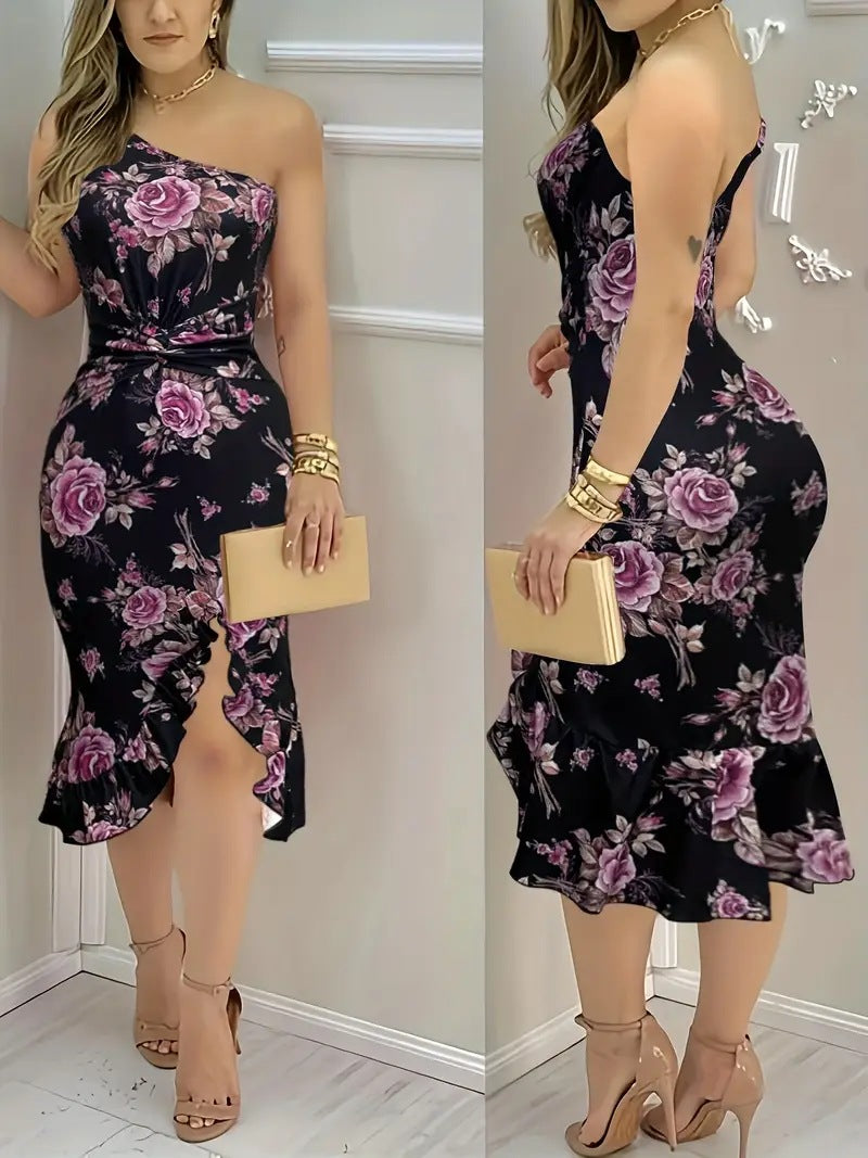 Damen Etuikleid mit asymmetrischem Saum und floralem Muster Fudus