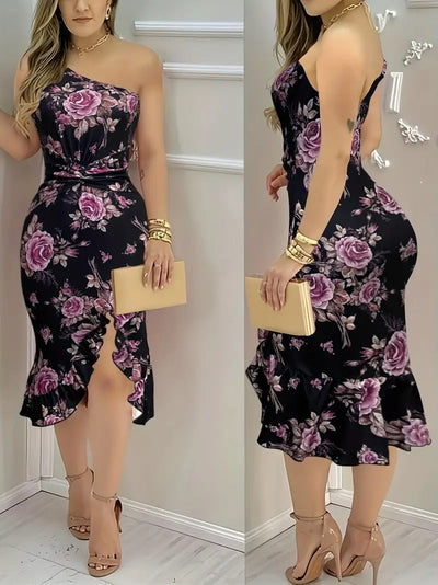 Damen Etuikleid mit asymmetrischem Saum und floralem Muster Fudus