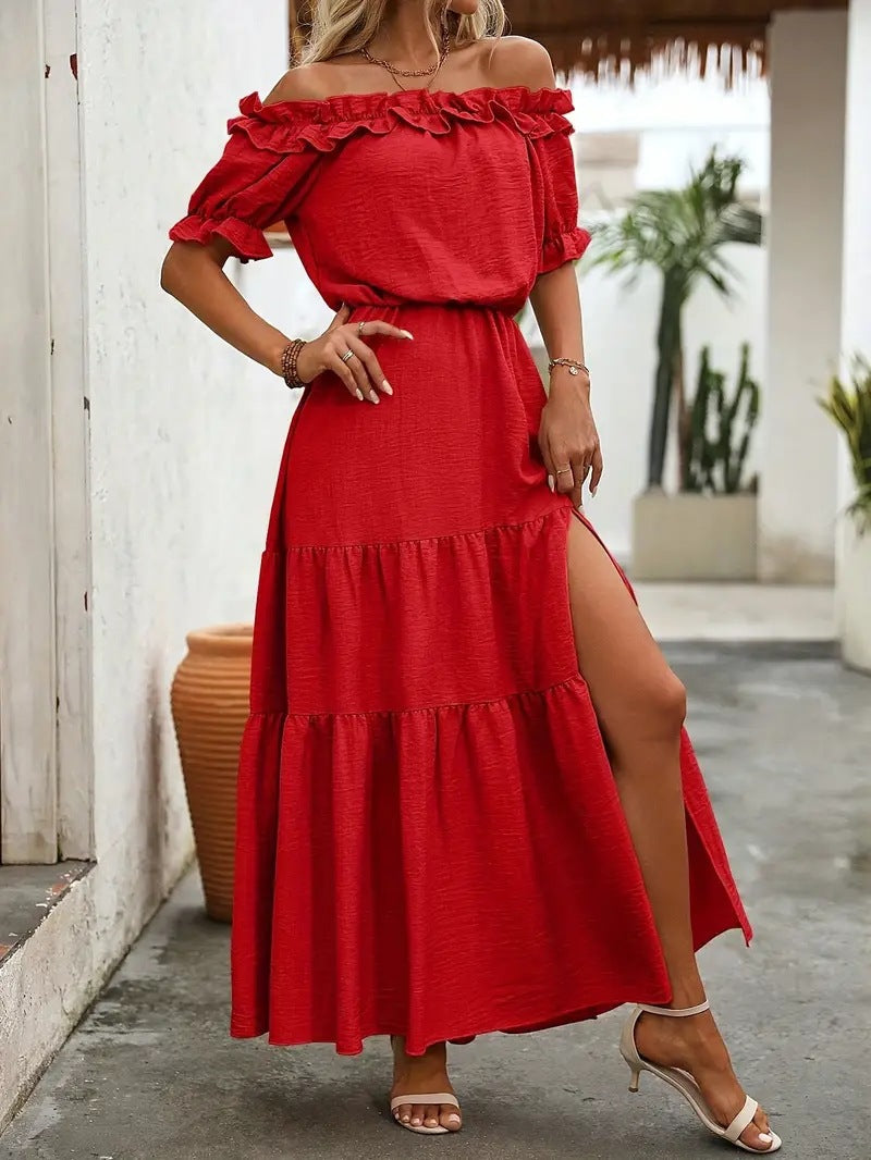 Damen Off-Shoulder Maxikleid mit Rüschendetails und femininem Volant Fudus
