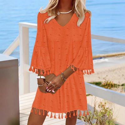 Damen Freizeitkleid mit V-Ausschnitt und ausgestellten Ärmeln Fudus