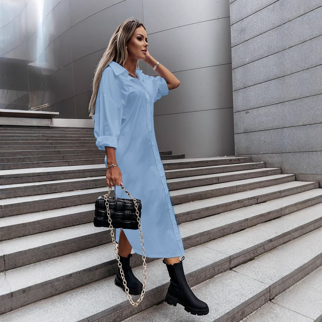 Damen Hemdkleid im Oversized-Schnitt mit modernem Kragen und seitlichen Taschen Fudus
