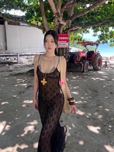 Damen Maxikleid aus feinem, transparenter Spitze Fudus