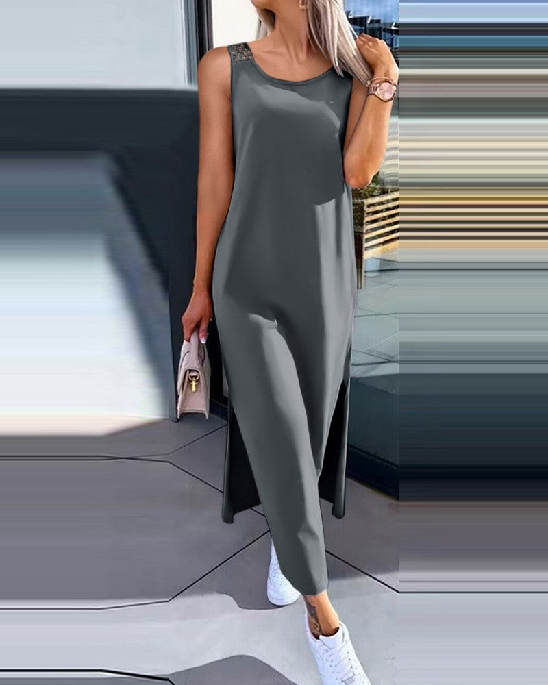 Damen lässiges Longdress mit seitlichen Schlitzen und feinen Spitzenakzenten Fudus