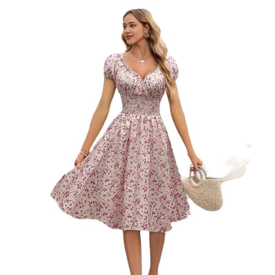 Damen Floral Midi-Kleid mit elastischem Bund und Puffärmeln Fudus