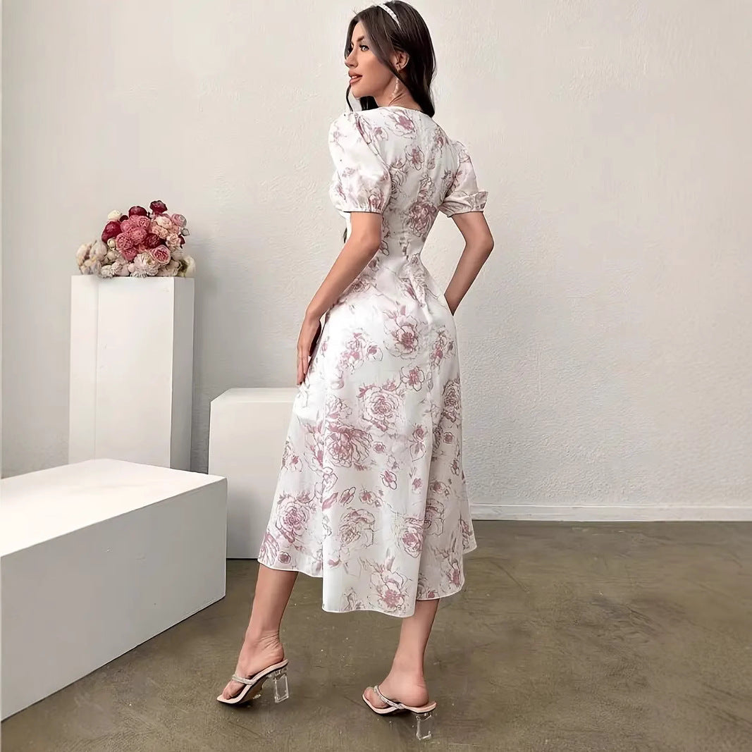 Damen florales Maxikleid mit knöpfbarem V-Ausschnitt und schickem Schlitz Fudus