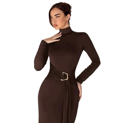 Damen Elegantes Wickelkleid mit Stehkragen und dekorativem Gürtel Fudus