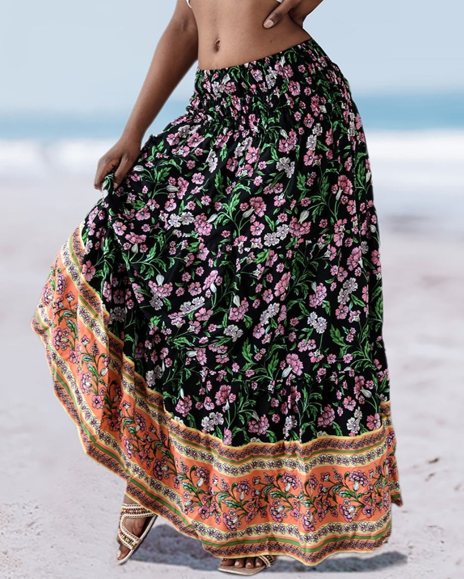 Damen maxilanger Rock mit floralen Mustern und elastischem Bund Fudus