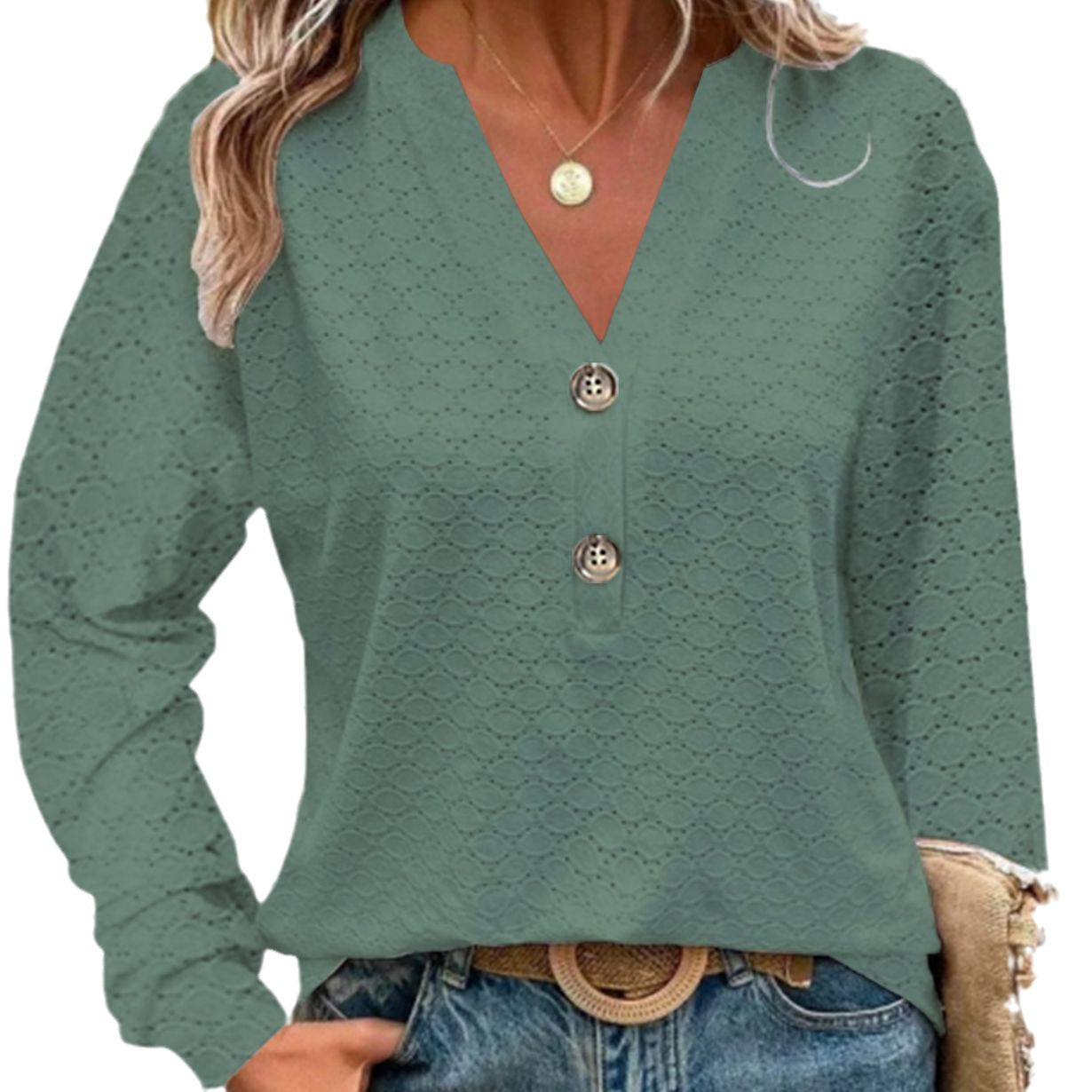 Damen Bluse mit raffiniertem Lochmuster und dekorativen Knopfdetails Fudus