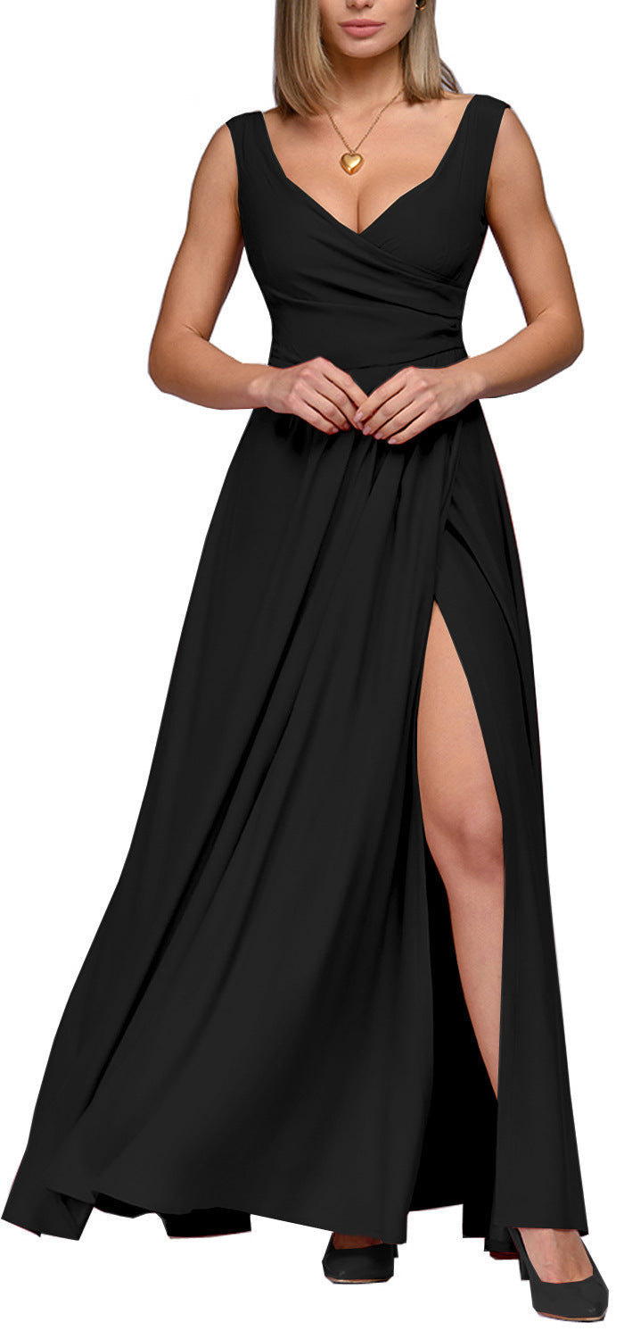 Damen Elegantes Maxikleid mit seitlichem Schlitz und raffiniertem V-Ausschnitt Fudus