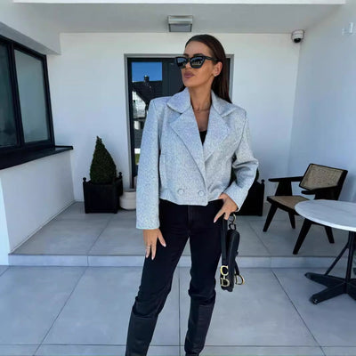 Damen eleganter Cropped Blazer im strukturierten Design mit doppelter Knopfleiste Fudus