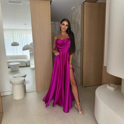 Damen Elegantes Maxikleid mit schwingendem Rock und raffiniertem Schlitz Fudus