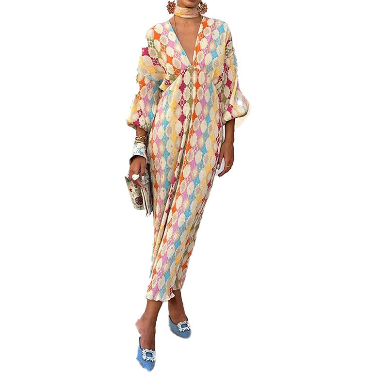 Damen Maxikleid mit kreativem Rautenmuster und voluminösen Ärmeln Fudus