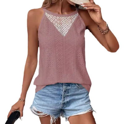 Damen ärmelloses Oberteil mit feiner Lochmusterung und eleganter Spitzeneinsätze Fudus