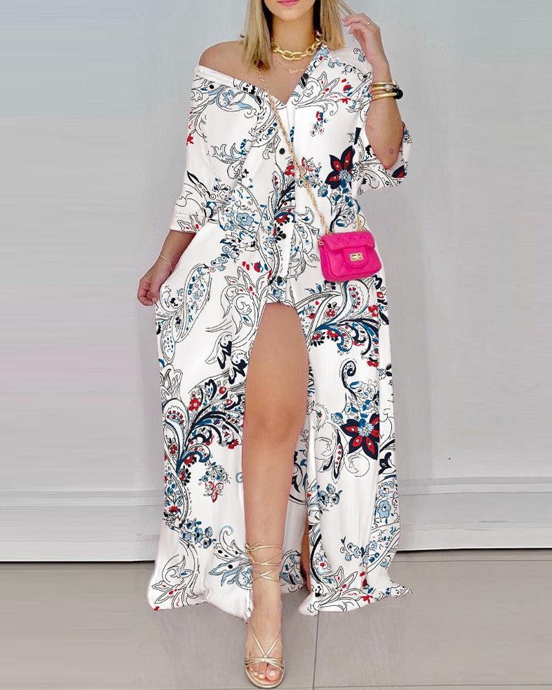 Damen Maxi-Kleid mit verspieltem Paisleymuster und raffiniertem Schlitz Fudus