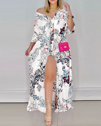 Damen Maxi-Kleid mit verspieltem Paisleymuster und raffiniertem Schlitz Fudus