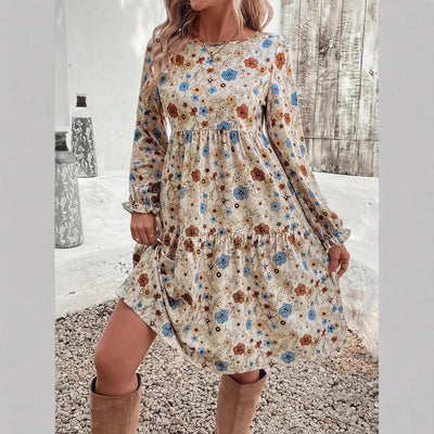 Damen Blumenkleid mit lässigem Schnitt und eleganten Puffärmeln Fudus