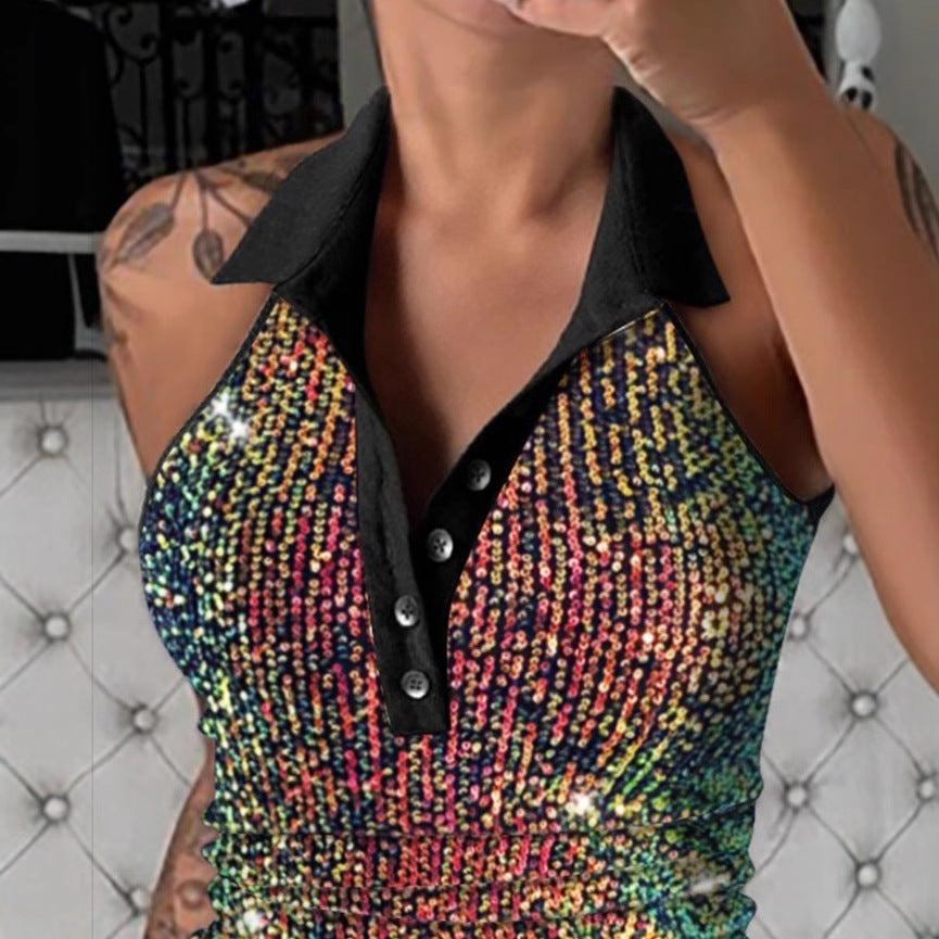 Damen Stylisches Poloshirt mit funkelnden Pailletten und klassischem Kragen Fudus