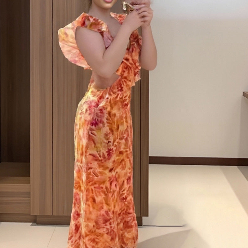 Damen Maxikleid mit voluminösen Rüschendetails und elegantem V-Ausschnitt Fudus