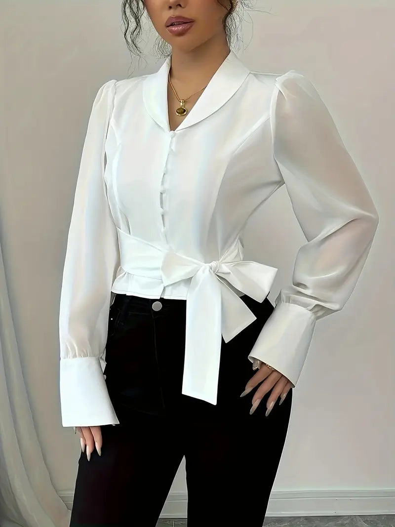 Damen elegante Bluse mit tailliertem Schnitt und verspieltem Schleifen-Detail Fudus