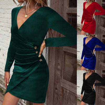 Damen figurbetontes Wickelkleid mit elegantem V-Ausschnitt und dekorativen Knöpfen Fudus