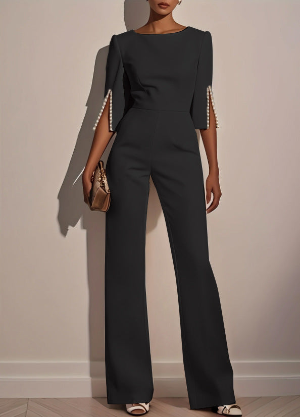 Damen Eleganter Jumpsuit mit dekorativen Perlenärmeln und weiter Hose Fudus
