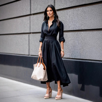 Damen Hemdblusenkleid mit eleganter Taille und fließendem Rock Fudus