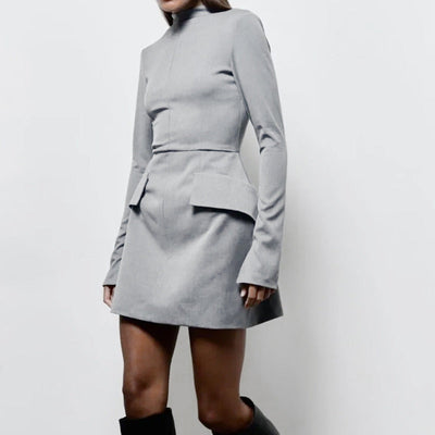 Damen Figurbetontes Kleid mit hohem Kragen und Taschen Fudus