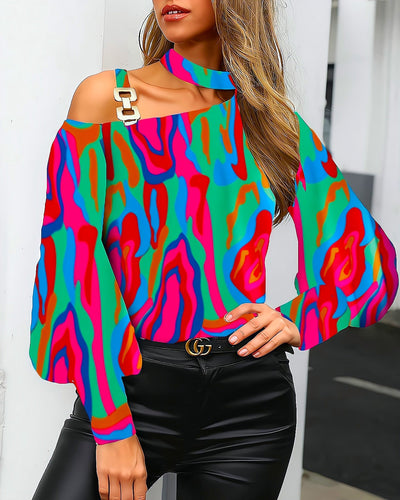 Damen Off-Shoulder Bluse mit floralem Design und dekorativen Trägern Fudus