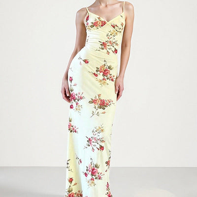 Damen Maxikleid mit floralem Design und feinen Spaghettiträgern Fudus