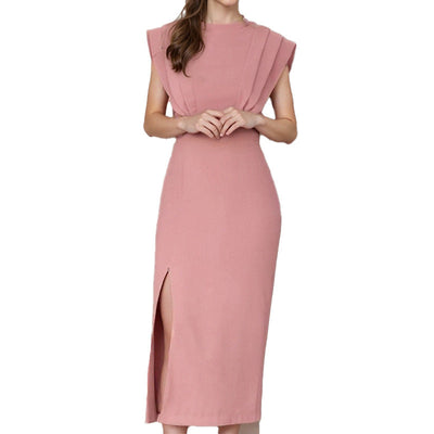 Damen elegantes Midikleid mit Plisseedetails und hohem Schlitz Fudus