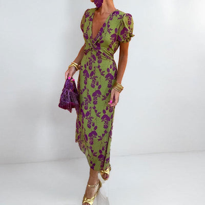 Damen Maxikleid mit tiefem V-Ausschnitt und luftigen Puffärmeln Fudus