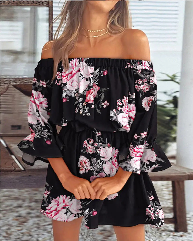 Damen luftiges Off-Shoulder Kleid mit Rüschendetails und floralem Muster Fudus