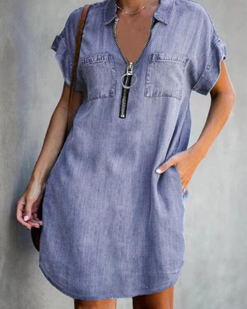 Damen Denim-Kleid mit kurzem Arm und Reißverschluss Fudus