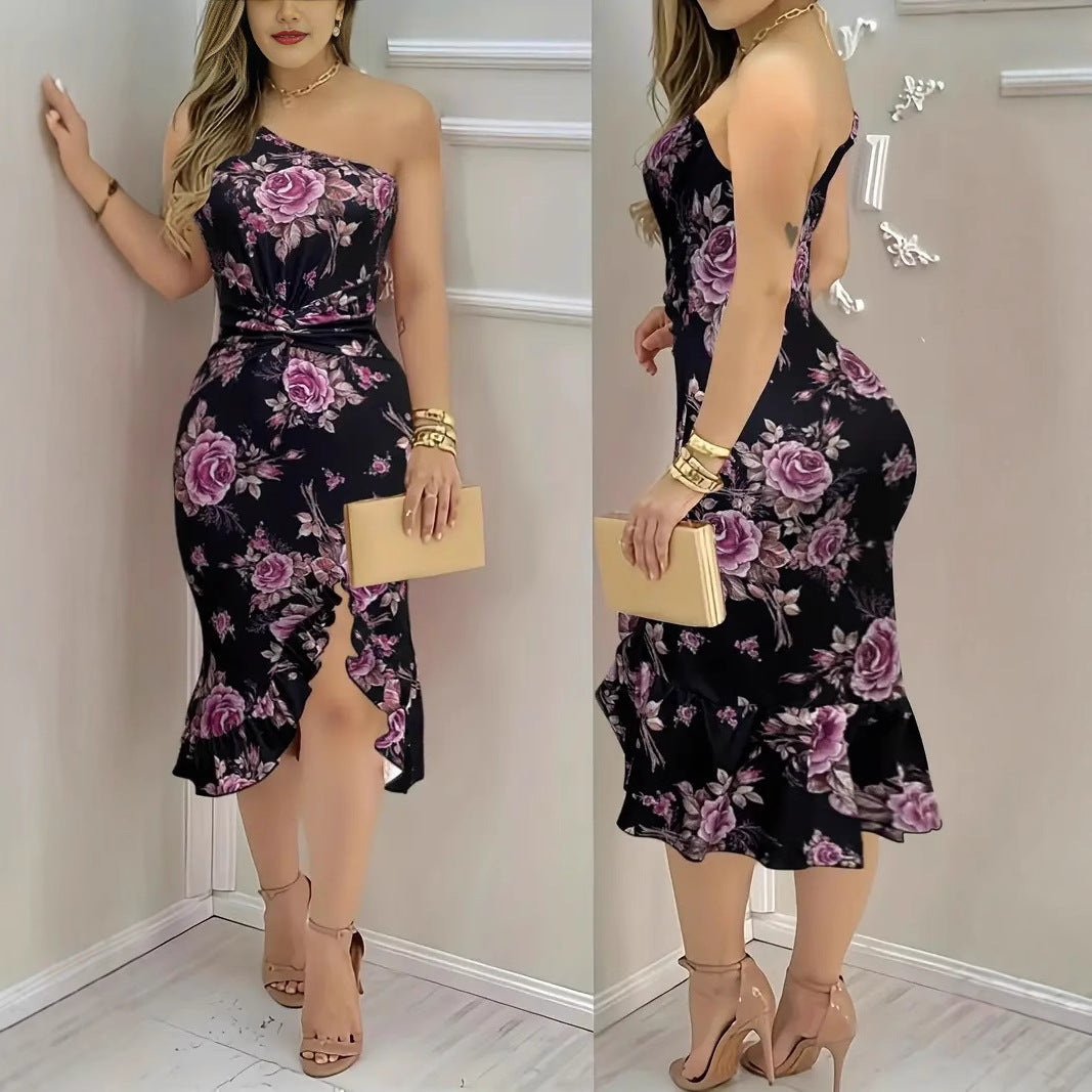 Damen Etuikleid mit asymmetrischem Saum und floralem Muster Fudus