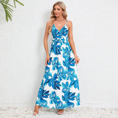 Damen Maxikleid mit zartem V-Ausschnitt und buntem Pflanzenmuster Fudus