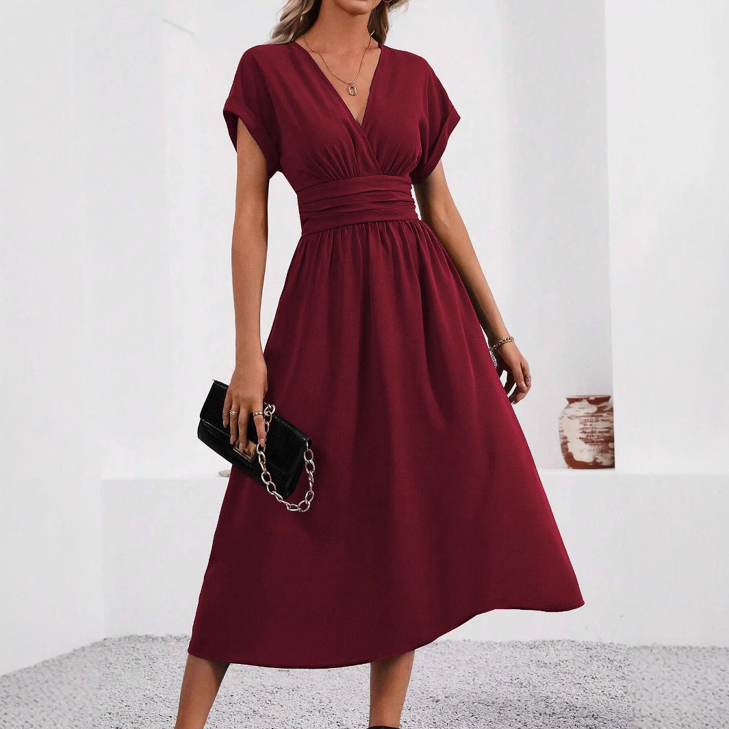 Damen Midi-Kleid mit V-Ausschnitt und breiten Trägern Fudus