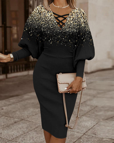 Damen kariertes Midi-Kleid mit ballonärmel und tiefem V-Ausschnitt Fudus