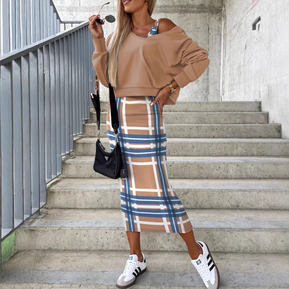 Damen lässiger Pullover mit asymmetrischem Schnitt und eleganter Karo-Midirock Fudus