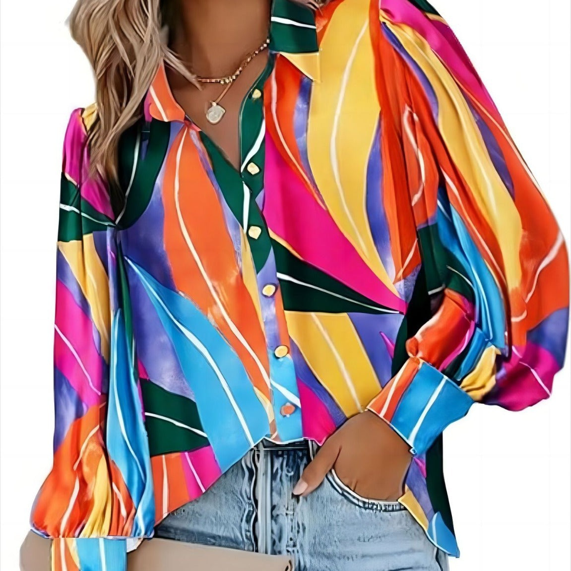 Damen modische Bluse mit buntem grafischen Muster und voluminösen Ärmeln Fudus
